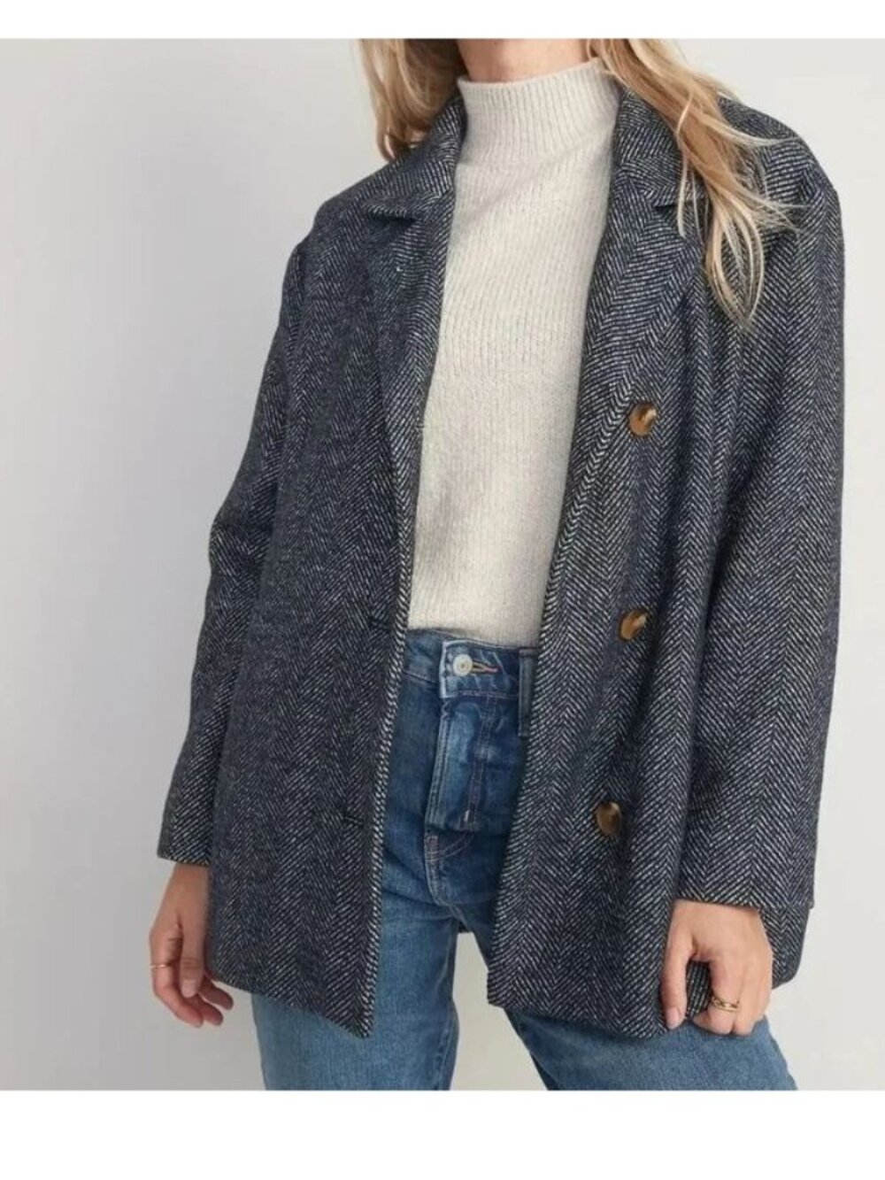 Old Navy Peacoat Womens Small Blue Herringbone Wool Blend Casual Jacket